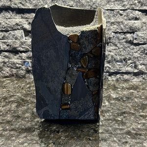 Hand crafted natural stone (slate) and rock embellished vase!